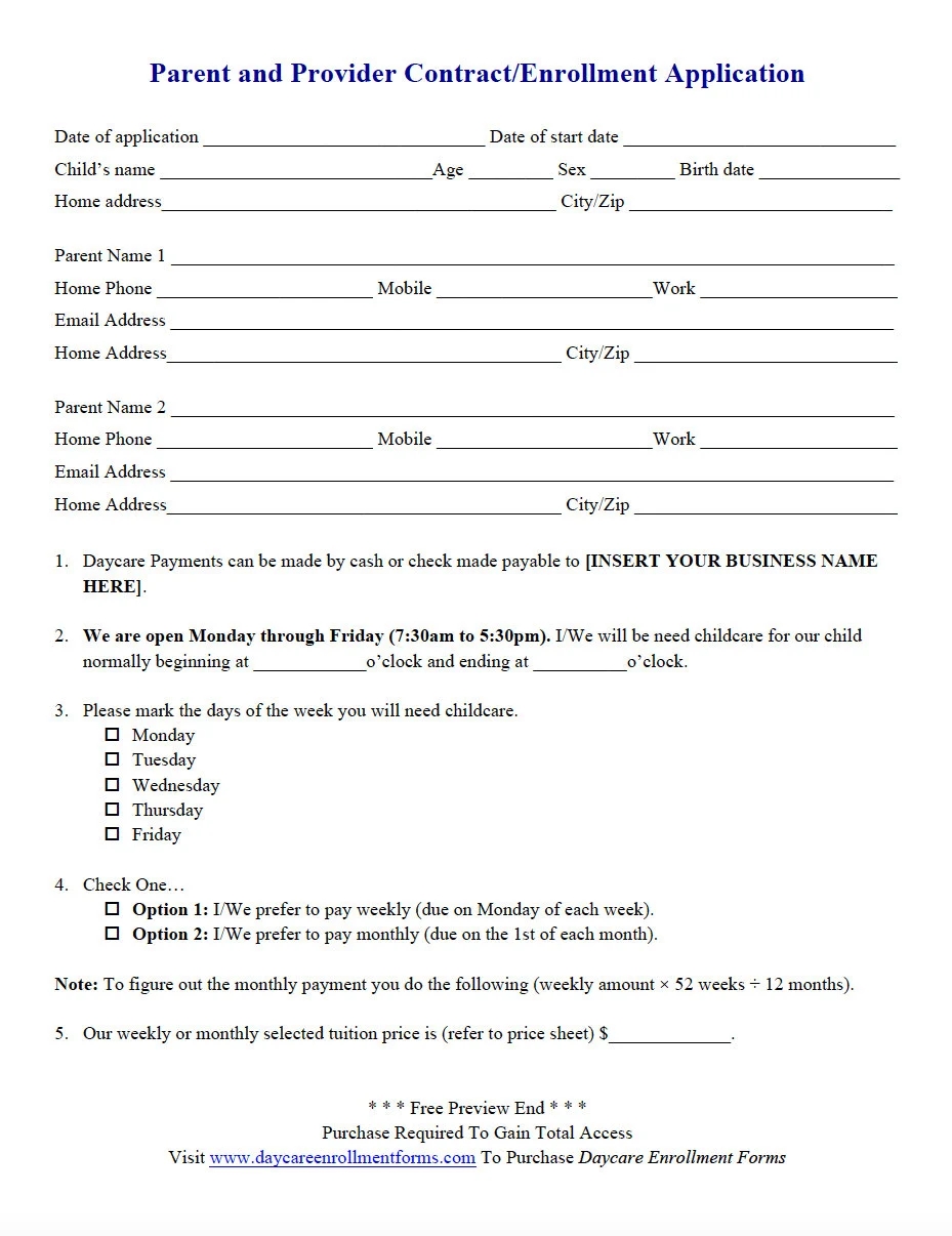 Daycare Enrollment Forms Packet Fully Editable Child Care Registration Forms And Templates Download Save And Print Yours Today Etsy