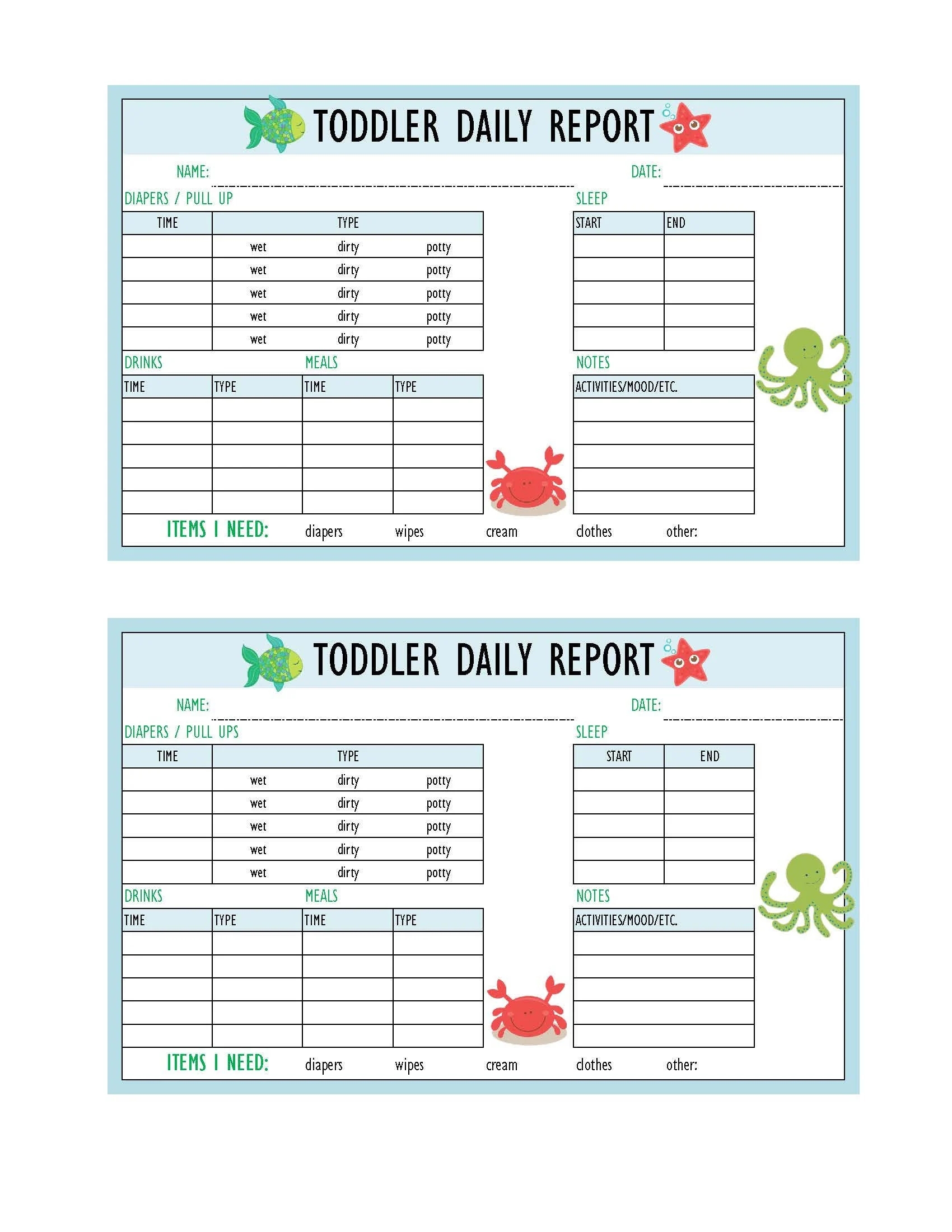 Daycare Paperwork Babysitter Report Childcare Log Toddler Daily Log Daily Report Nanny Report Instant PDF Download Cute Sea Theme Etsy