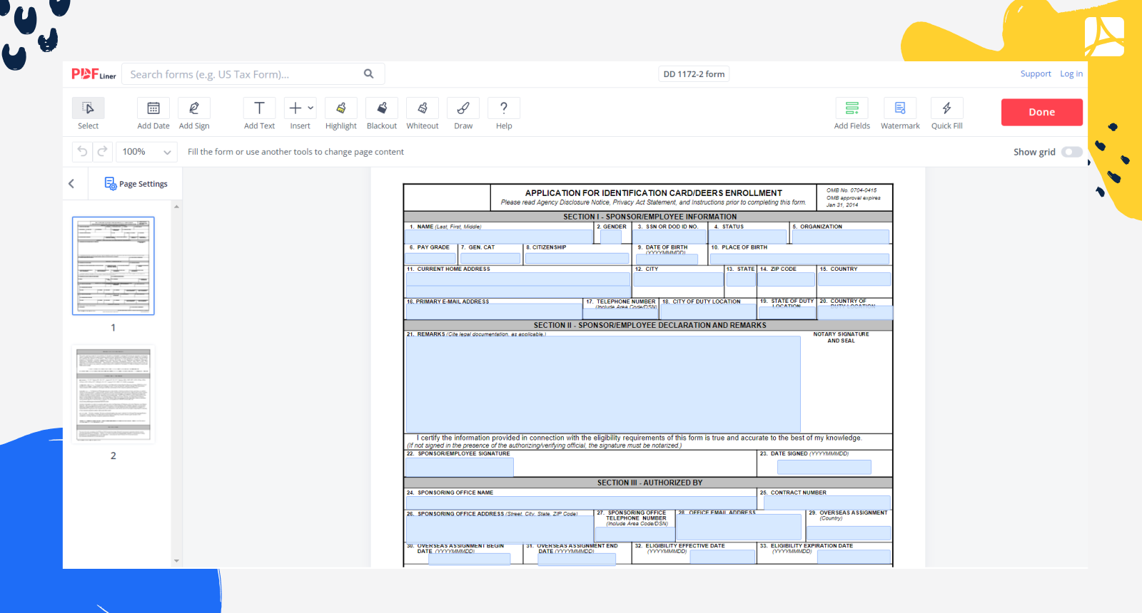 DD 1172 2 Form Online Blank Sign Forms Online PDFliner
