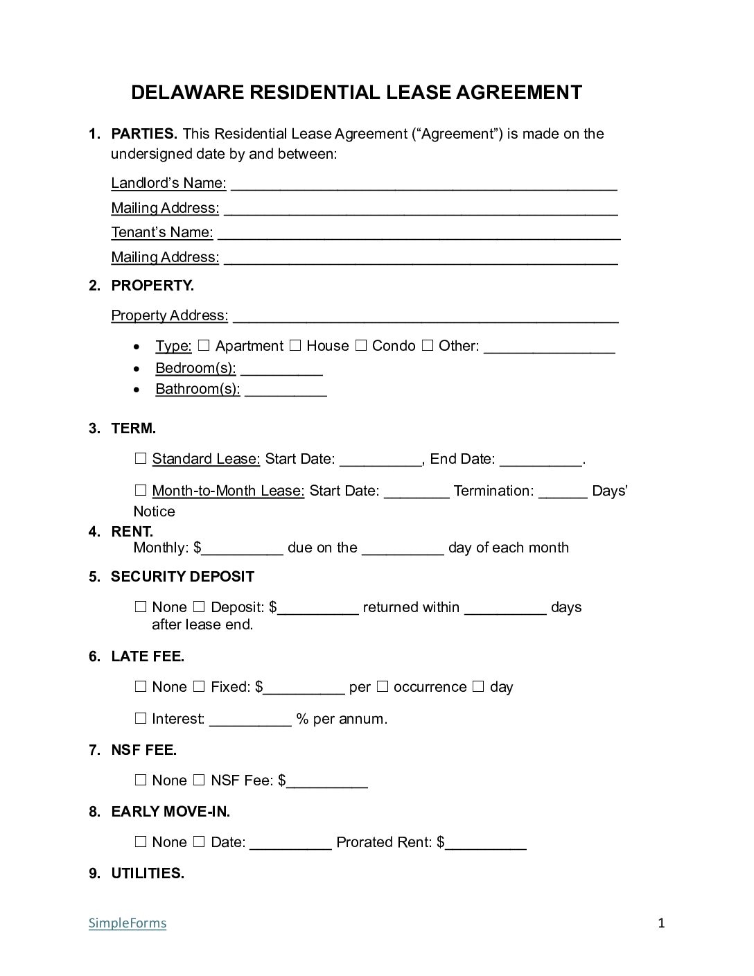 Delaware Rental Lease Agreement Templates Free Downloads