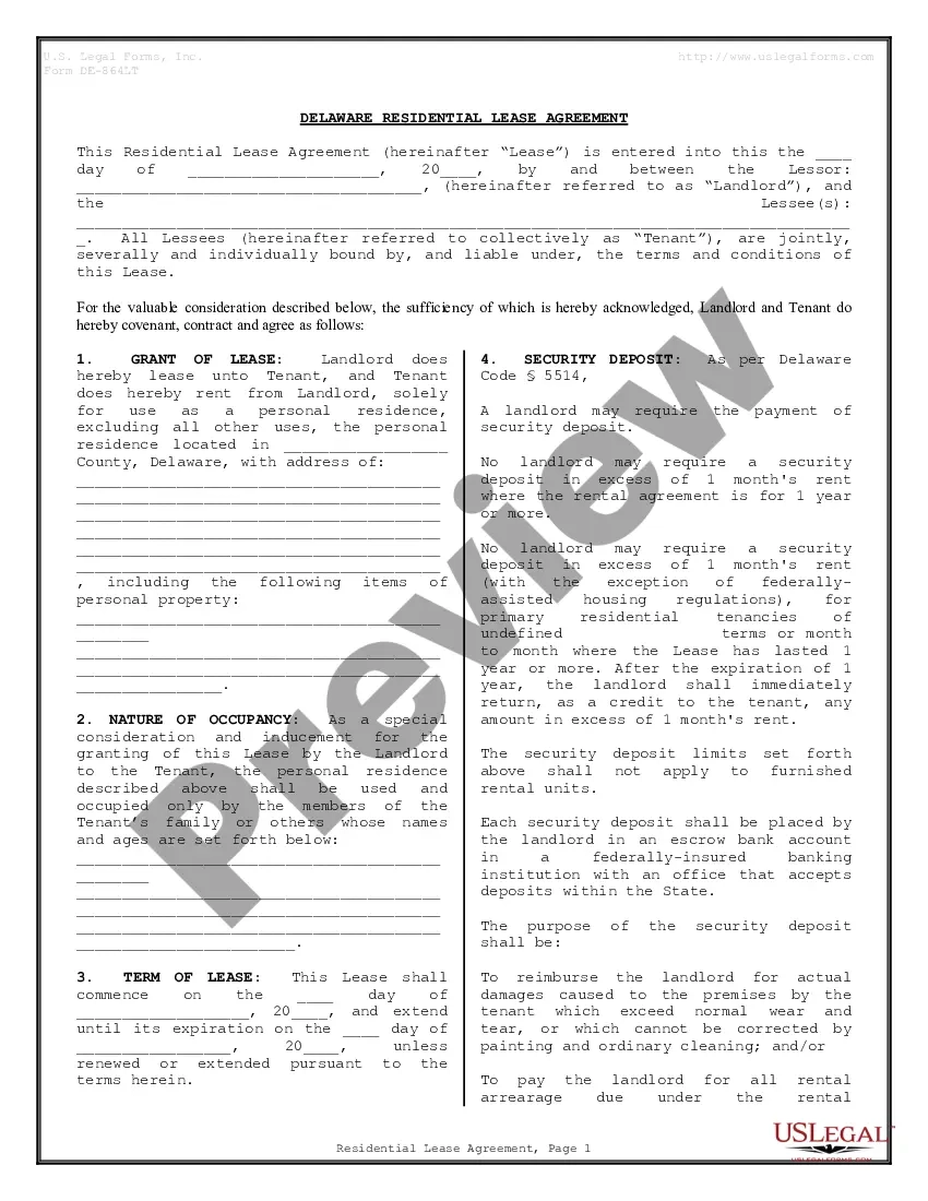 Delaware Residential Rental Lease Agreement Delaware Lease Agreement US Legal Forms