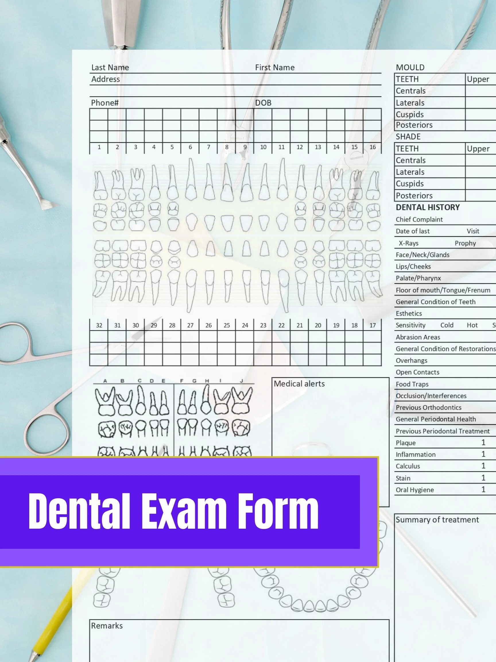 Dental Exam Form Template Dental Record Editable Instant Digital Download Ready To Use Excel PDF Dental Chart Office Form Etsy