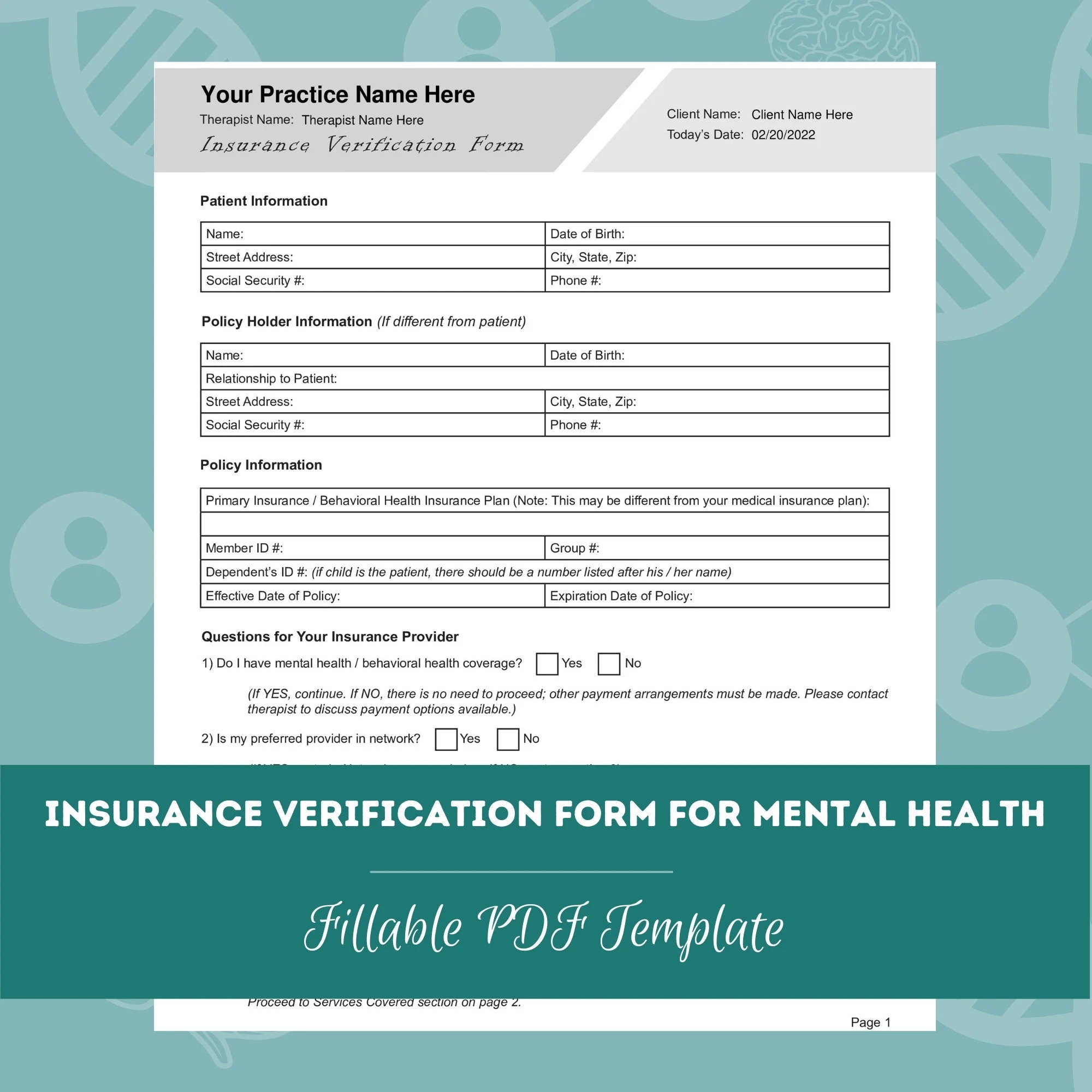 Dental Insurance Verification Form Etsy