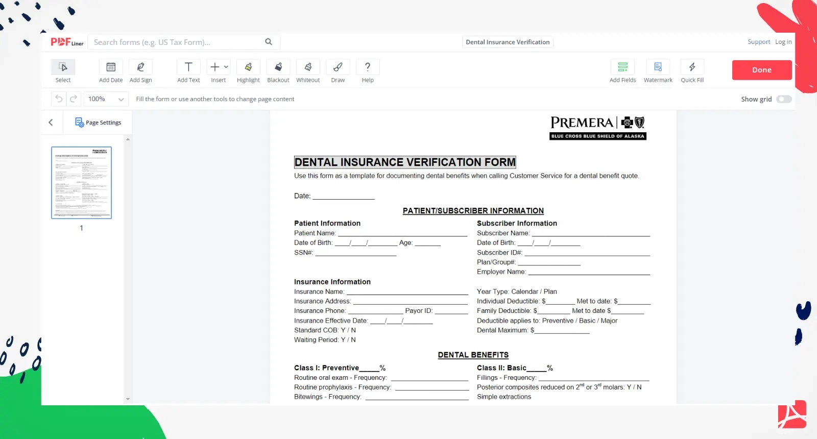 Dental Insurance Verification Form Template PDFliner