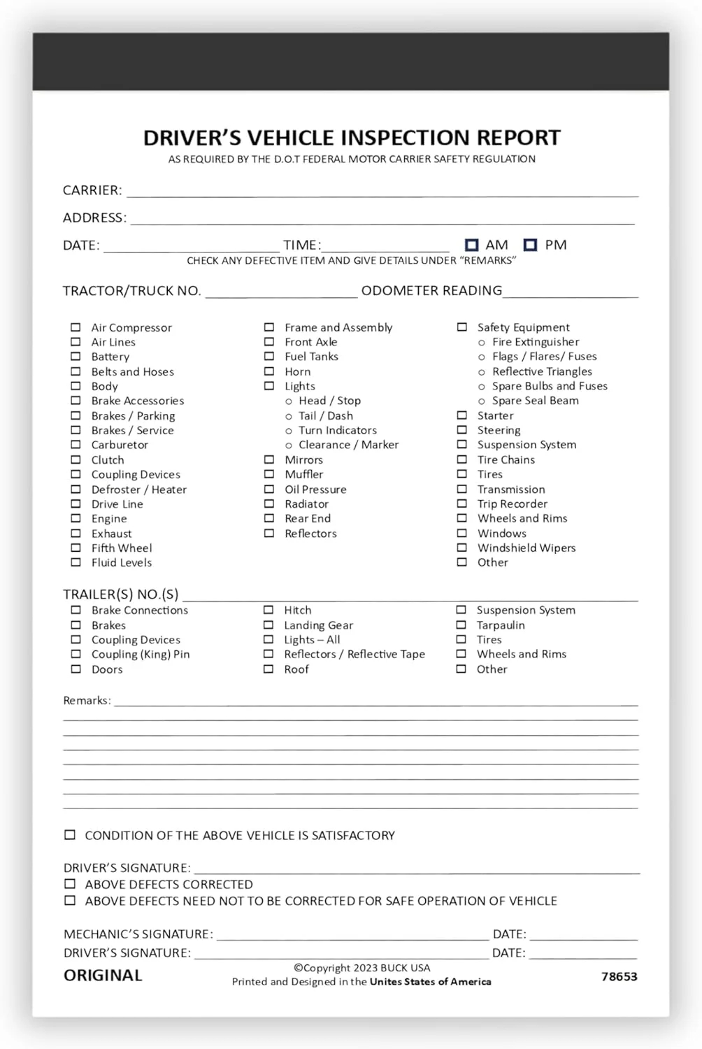 Detailed Driver Vehicle Inspection Report Book 2 Ply Carbonless 5 5 X 8 5 35 Sets Of Forms Per DVIR Book Daily Pre Trip Checklist Log For Truck Drivers FMCSR Compliant With Easy Tear Out 