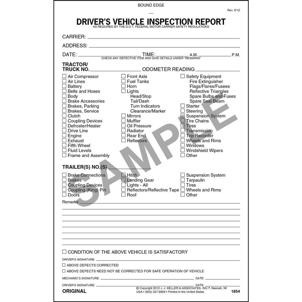 Detailed Driver Vehicle Inspection Report DVIR 2 Ply Carbonless Stock Part 1854 American Pride