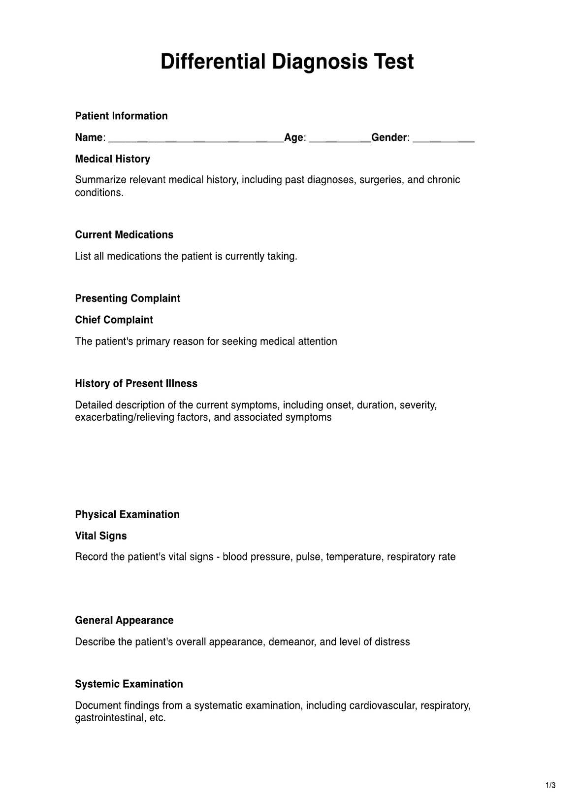 Differential Diagnosis Test Example Free PDF Download