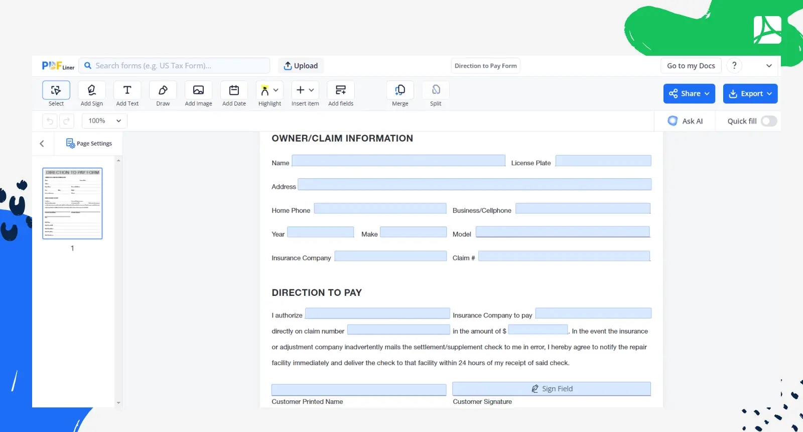 Direction To Pay Form Sign Online Template PDFliner