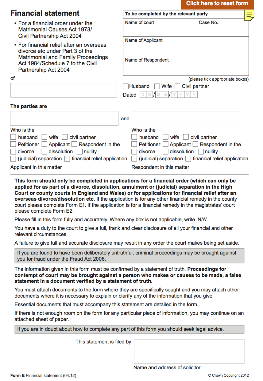 Divorce Finance Toolkit Form E Divorce