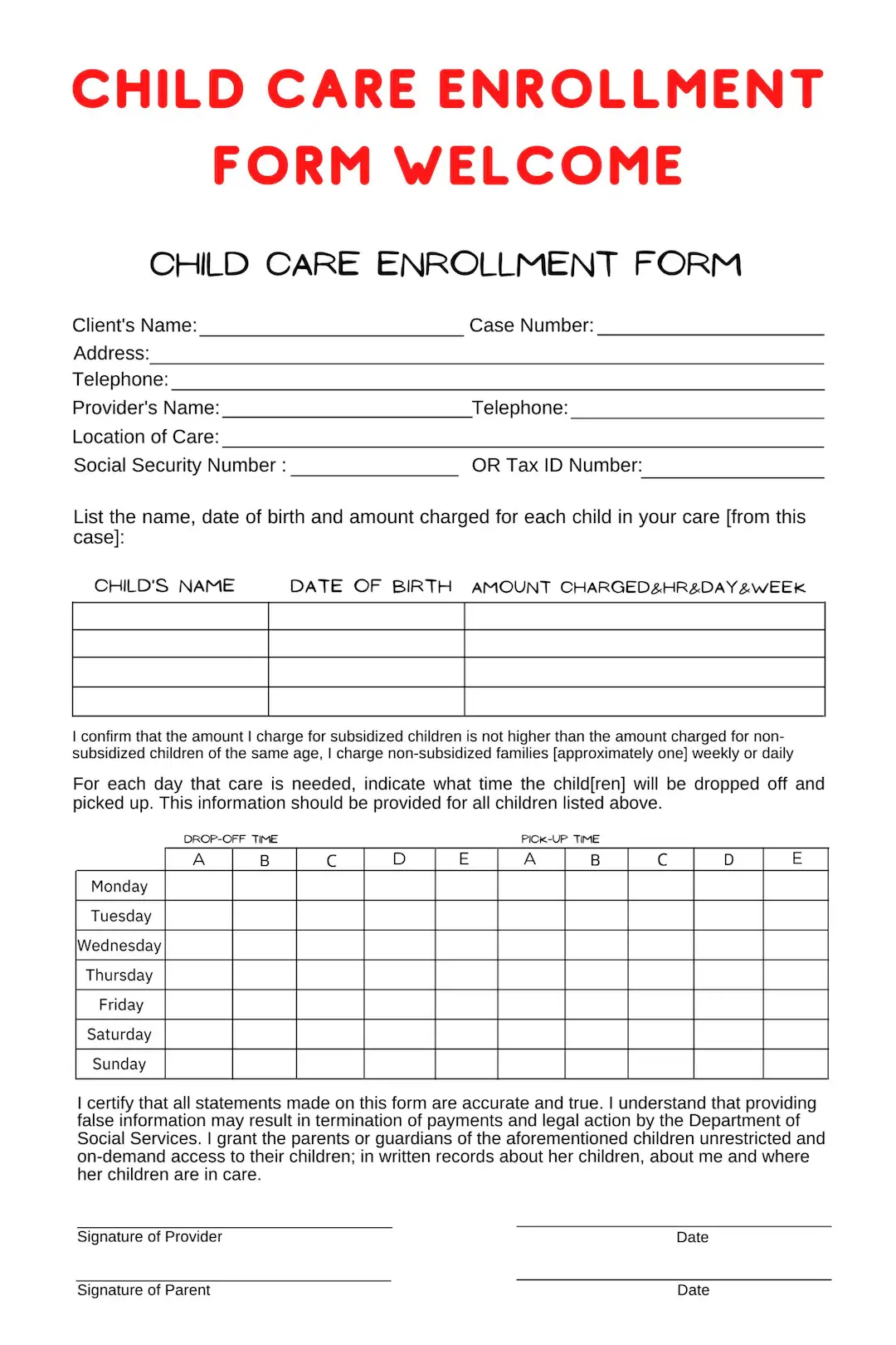 DIY Child Care Enrollment Form Editable Canva Template Personalized day Care group Family Day Care Family Day Care Day Camp Etsy