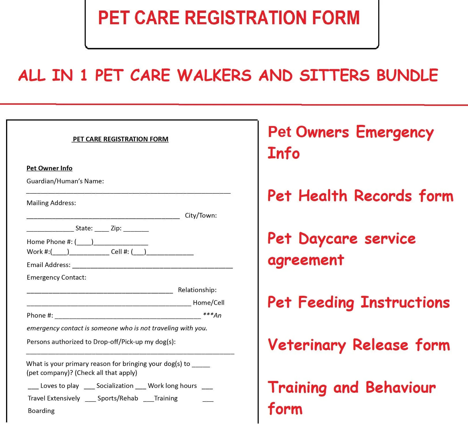 Dog Care Registration Form Pet Boarding Forms Dog Sitters And Walkers Registration Veterinary Release Form Pet Care Service Contract Etsy