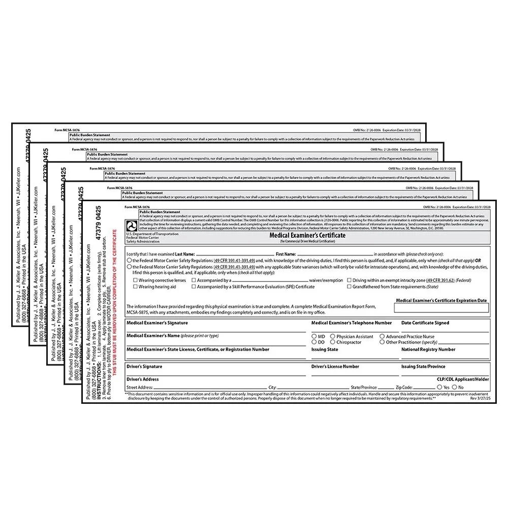 DOT FMCSA Medical Examiner Certificate 5 pk Laminated 2 Ply Trifold 3 5 X 7 125 Commercial Driver Medical Certification To Comply W 49 CFR 391 43 DOT Medical Card Requirements J J Keller Walmart