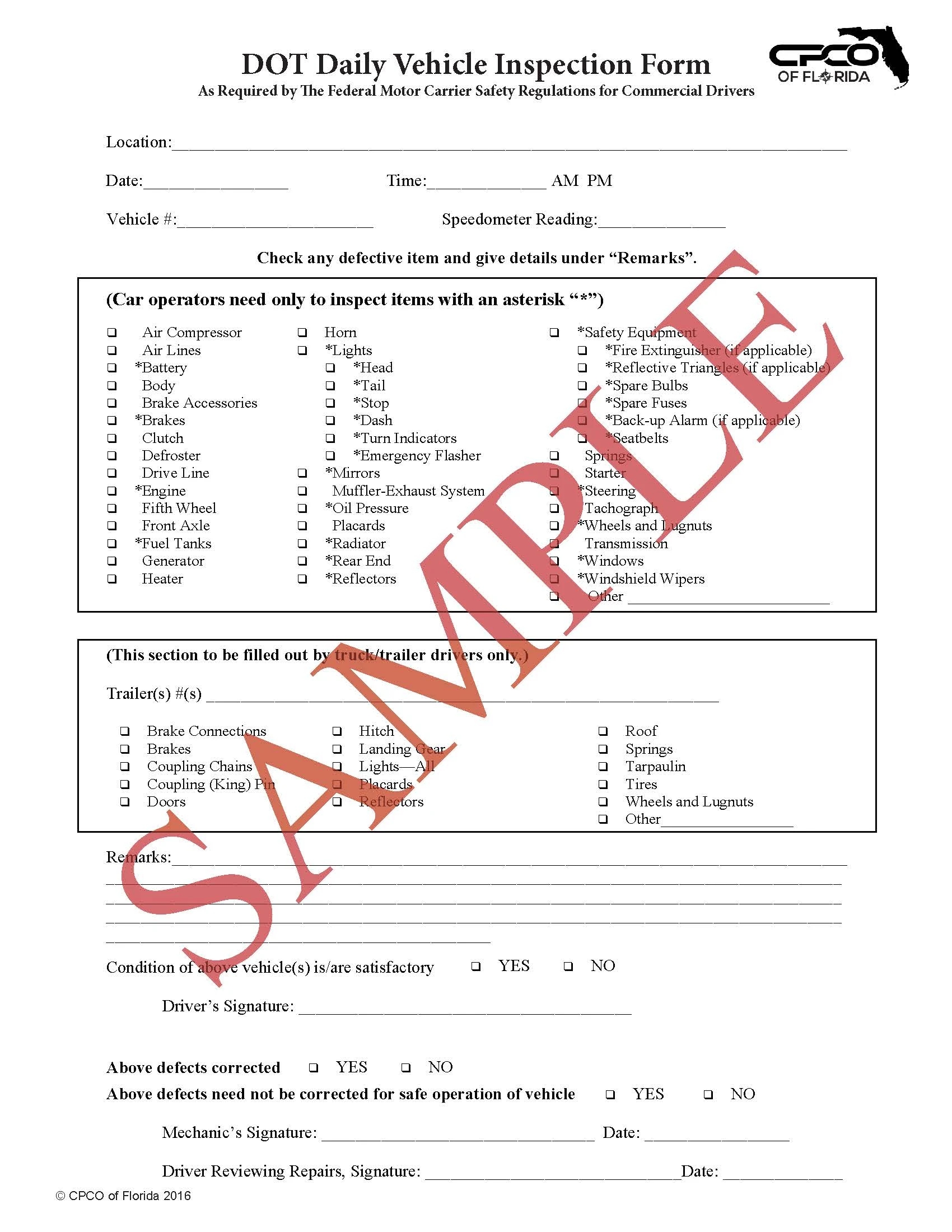 DOT Vehicle Inspection Form Website