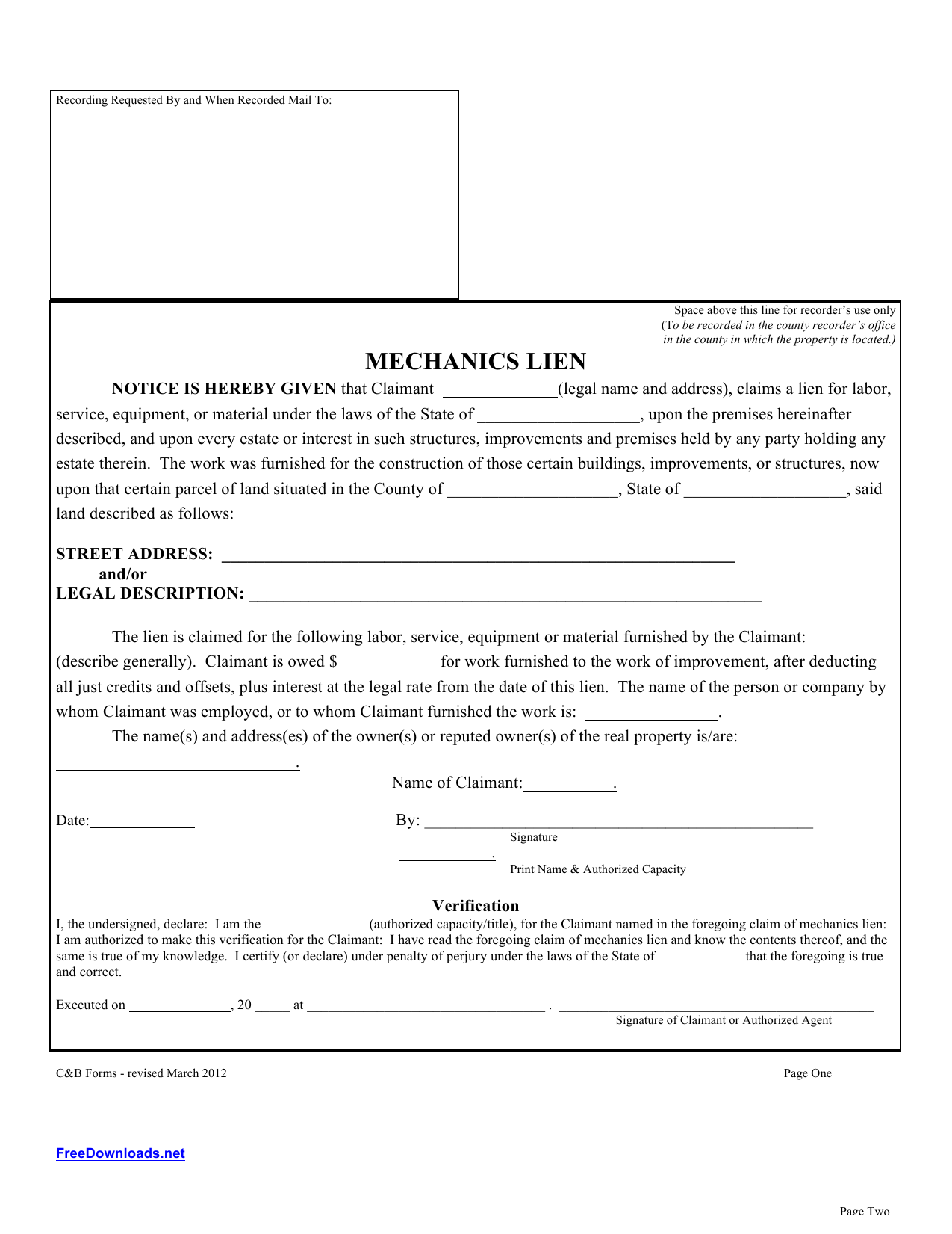 Printable Lien Form Printable Lien Form