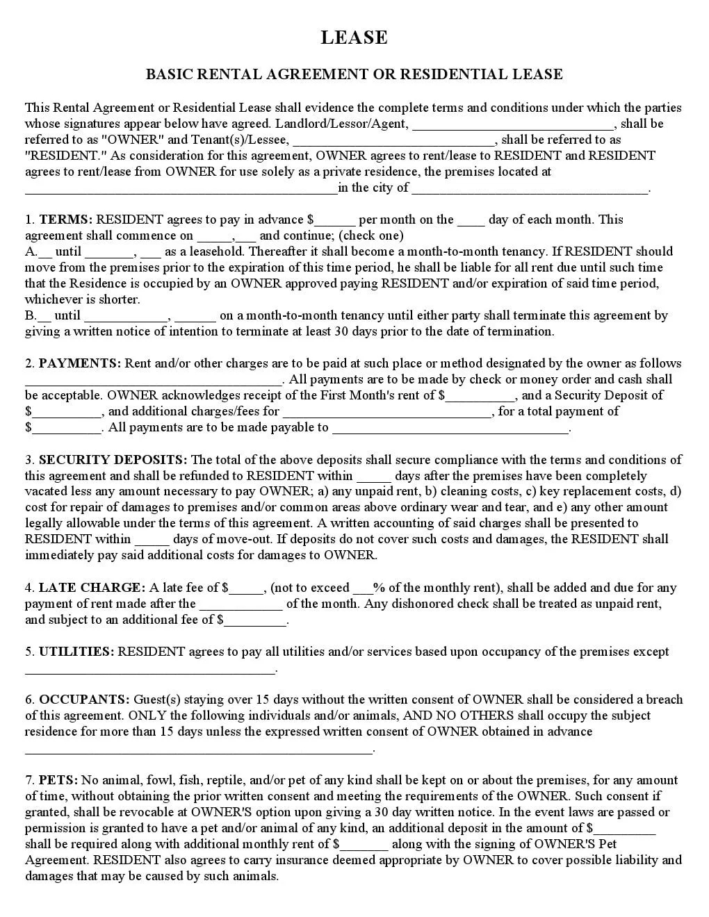 Download Free Basic Rental Agreement Or Residential Lease Printable Lease Agreement