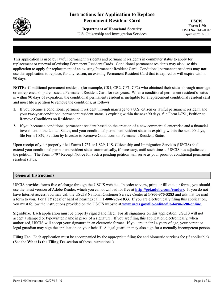 Download Instructions For USCIS Form I 90 Application To Replace Permanent Resident Card PDF Templateroller