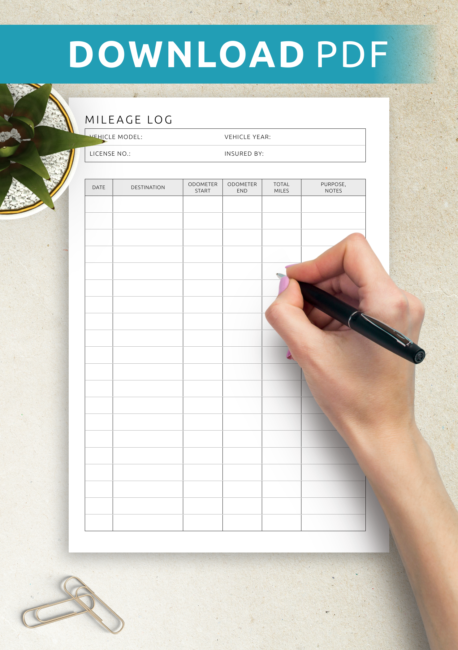 Download Printable Mileage Log Template PDF