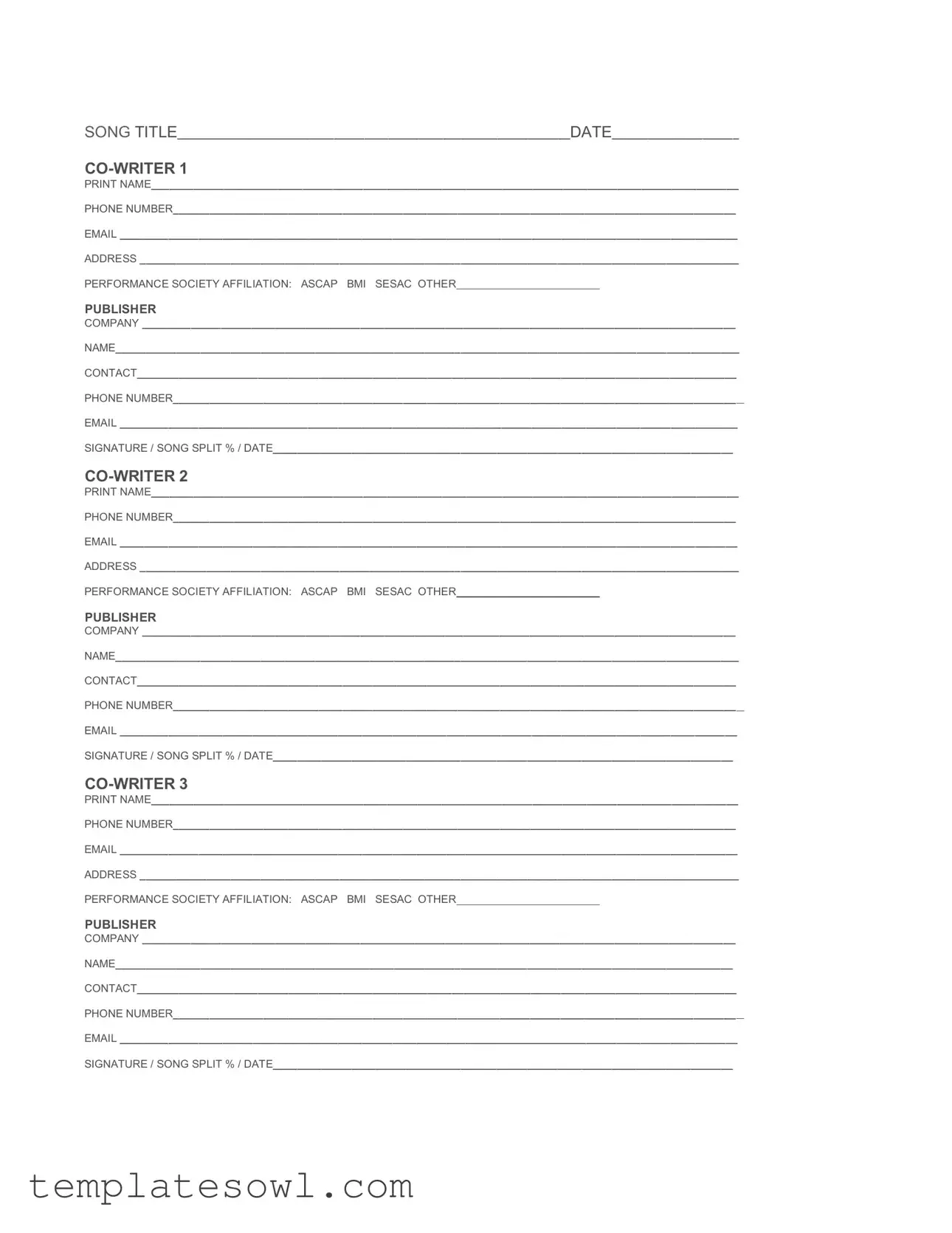 Download Songwriting Split Sheet Form TemplatesOwl