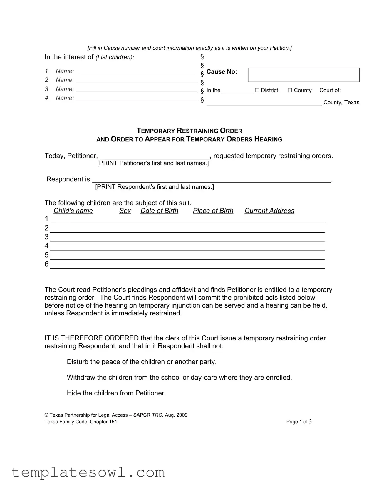 Download Texas Temporary Restraining Order Form TemplatesOwl