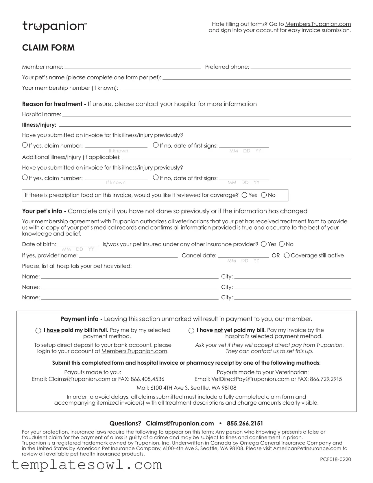 Download Trupanion Claim Form TemplatesOwl