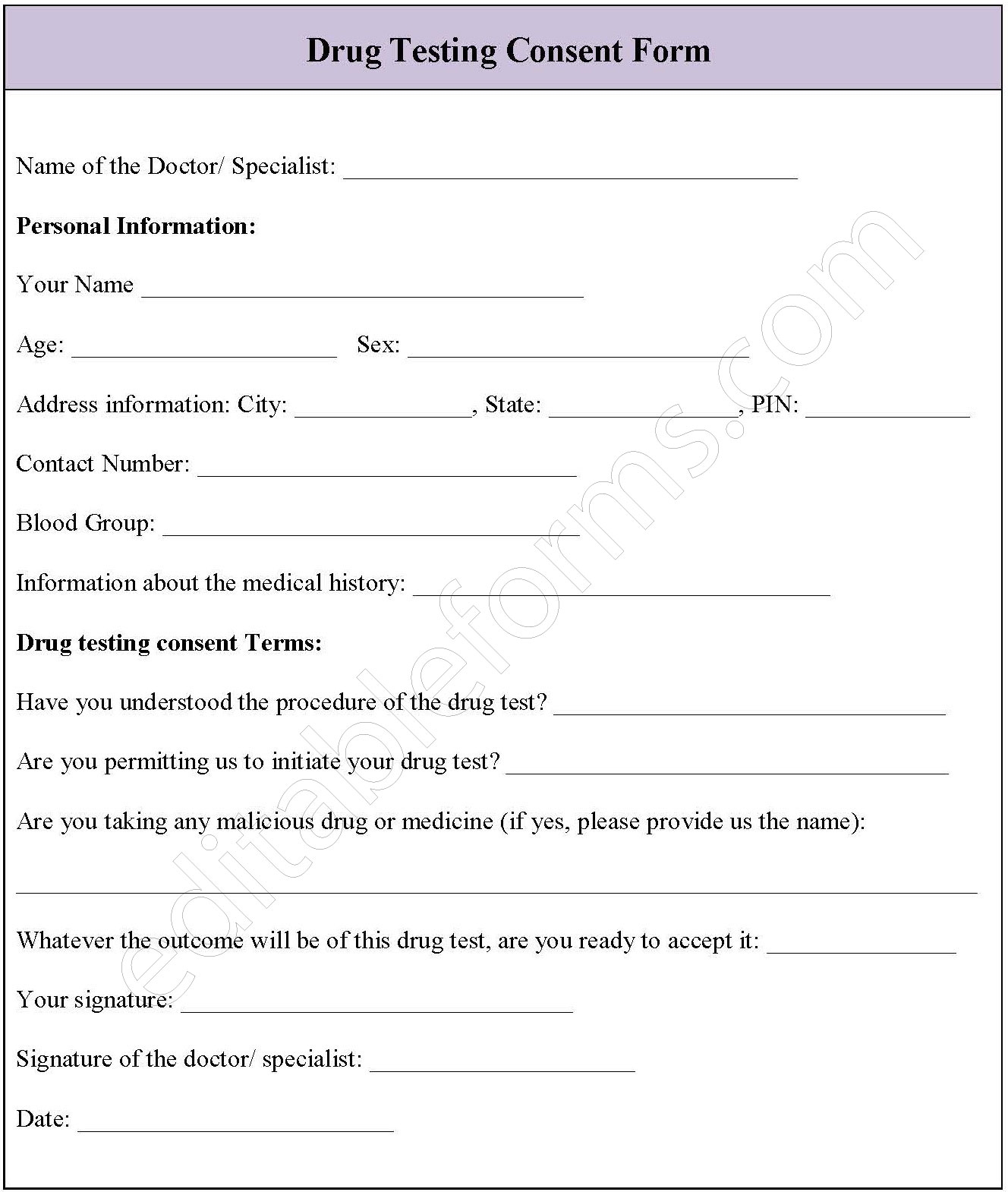 Printable Drug Test Form Pdf