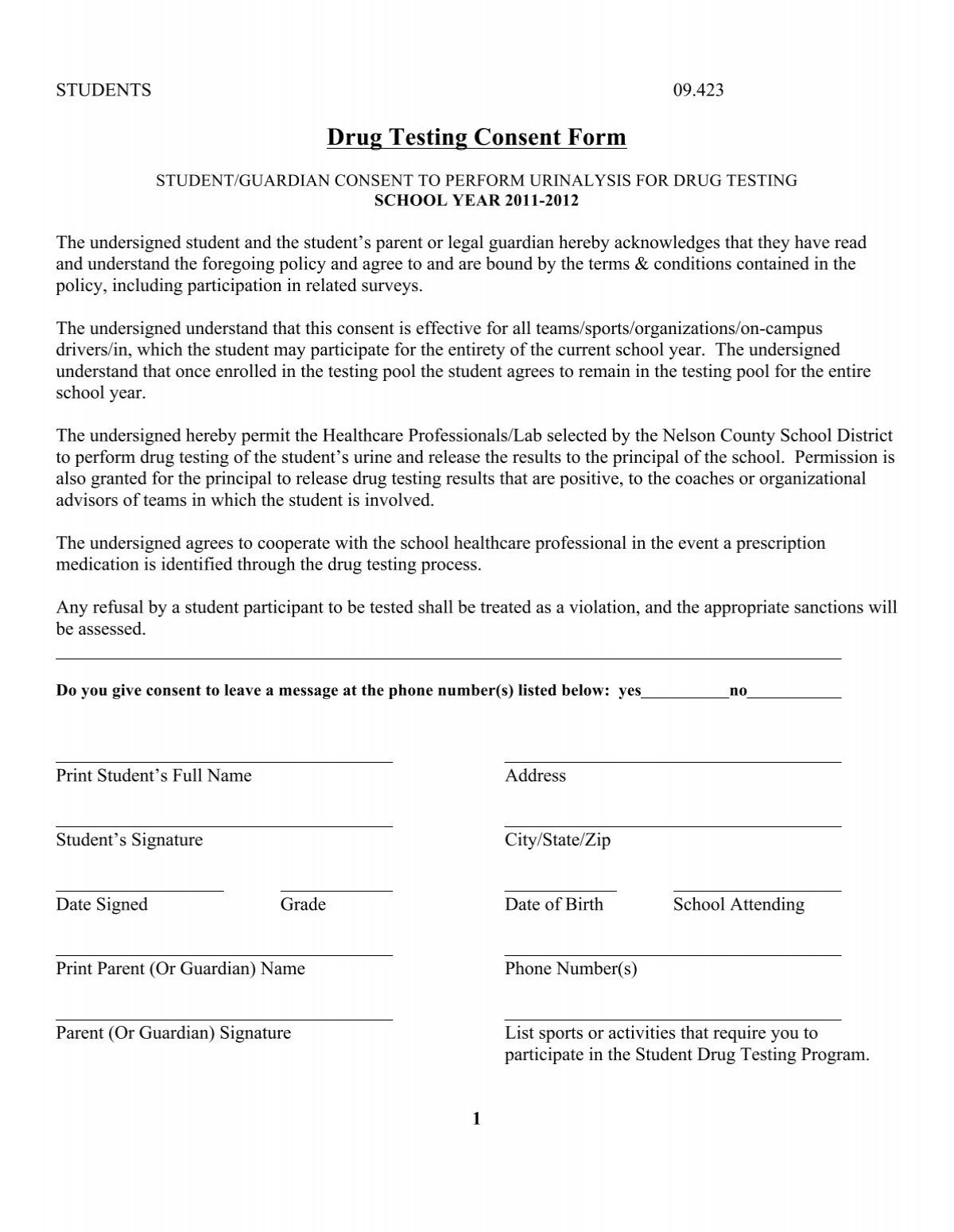 Drug Testing Consent Form pdf Nelson County School District