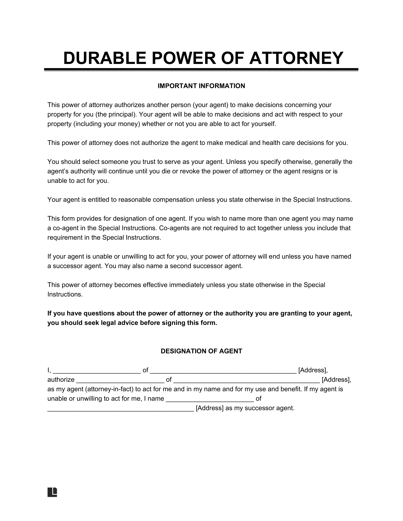 Durable Financial Power Of Attorney Form PDF Word