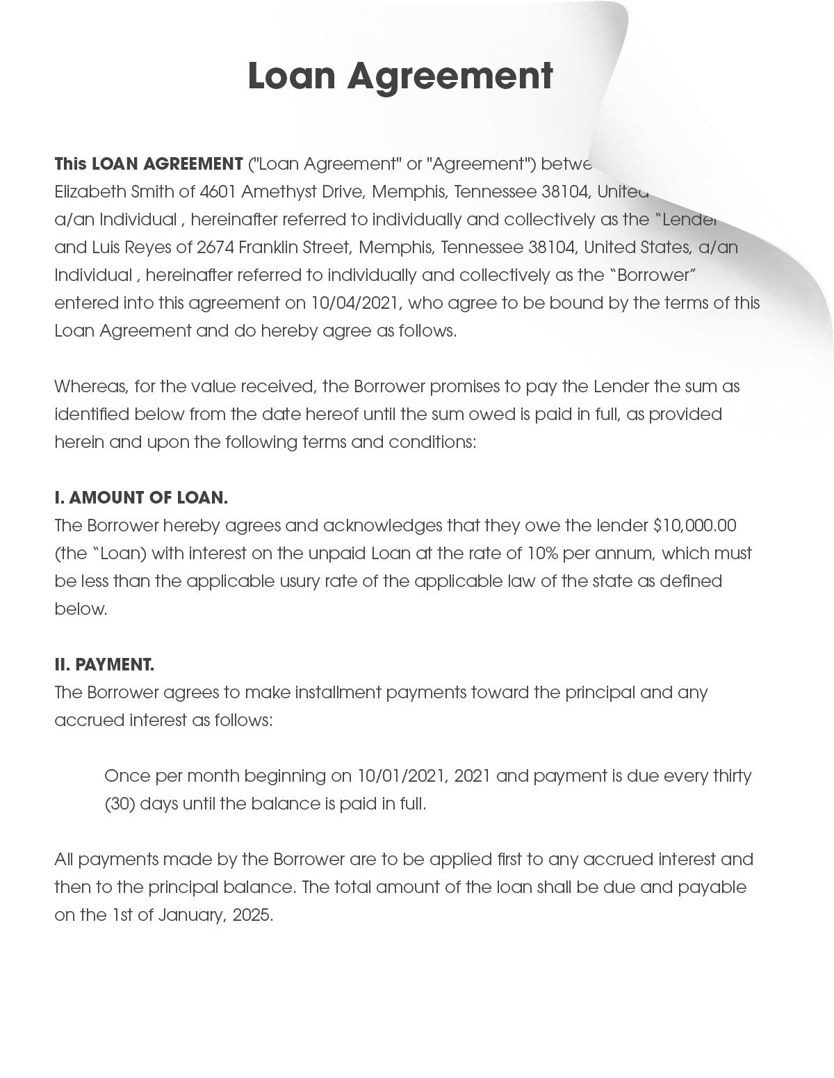 Free Printable Loan Agreement Form