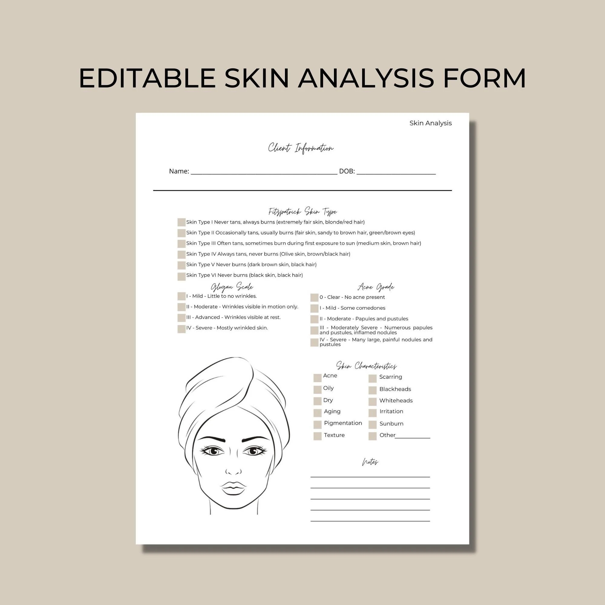 Editable And Printable Skin Analysis Form Template For Estheticians Document Fitzpatrick Skin Type Skin Characteristics Face Mapping Etsy