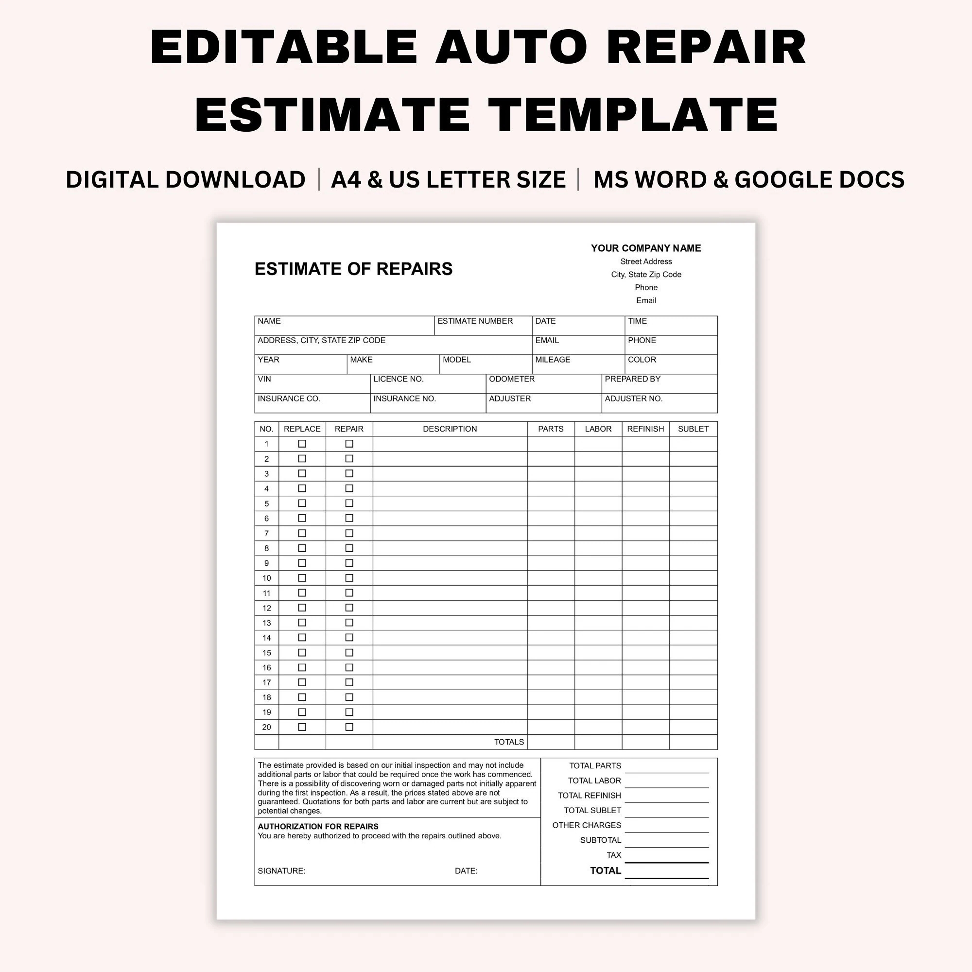 Free Printable Auto Body Estimate Forms