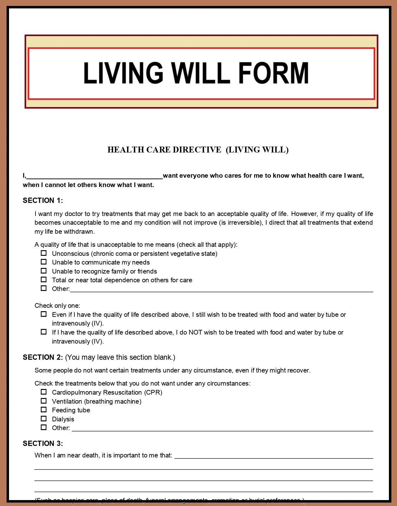 Editable Living Will Form Living Will Template Living Will Declaration Advanced Directive Healthcare Directive In Pdf Etsy
