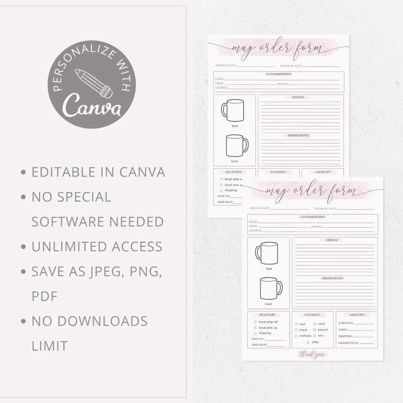 Editable Mug Order Form Template Customize Cup Order Small Business Craft Order Sheet Digital Order Form For Etsy Canva Template Etsy
