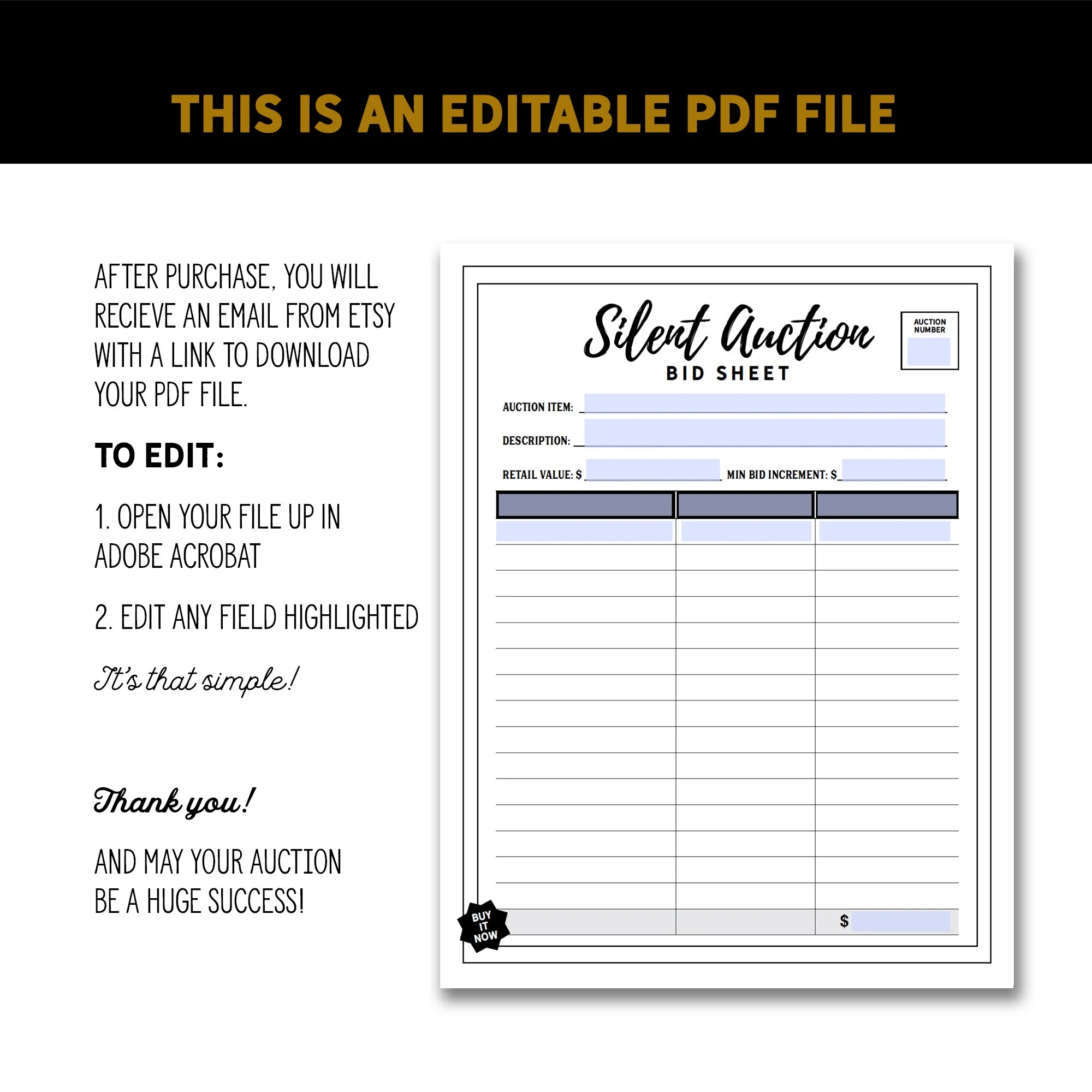 Editable Silent Auction Bid Sheet With buy It Now Line PDF Fundraiser Gala Bidding Bid Form School Event Money Raiser Nonprofit Etsy