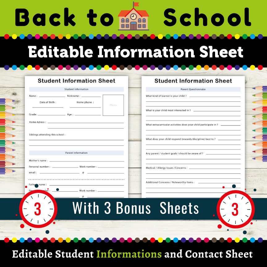 Editable Student Information And Contact Sheet Back To School Essential Form Made By Teachers