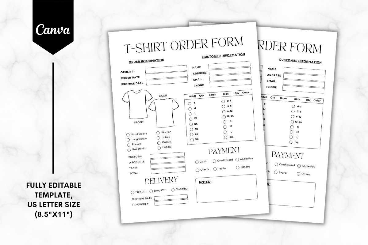 Editable T shirt Order Form Canva Template B W 1 Editable T shirt Order Form Canva Template B W 1