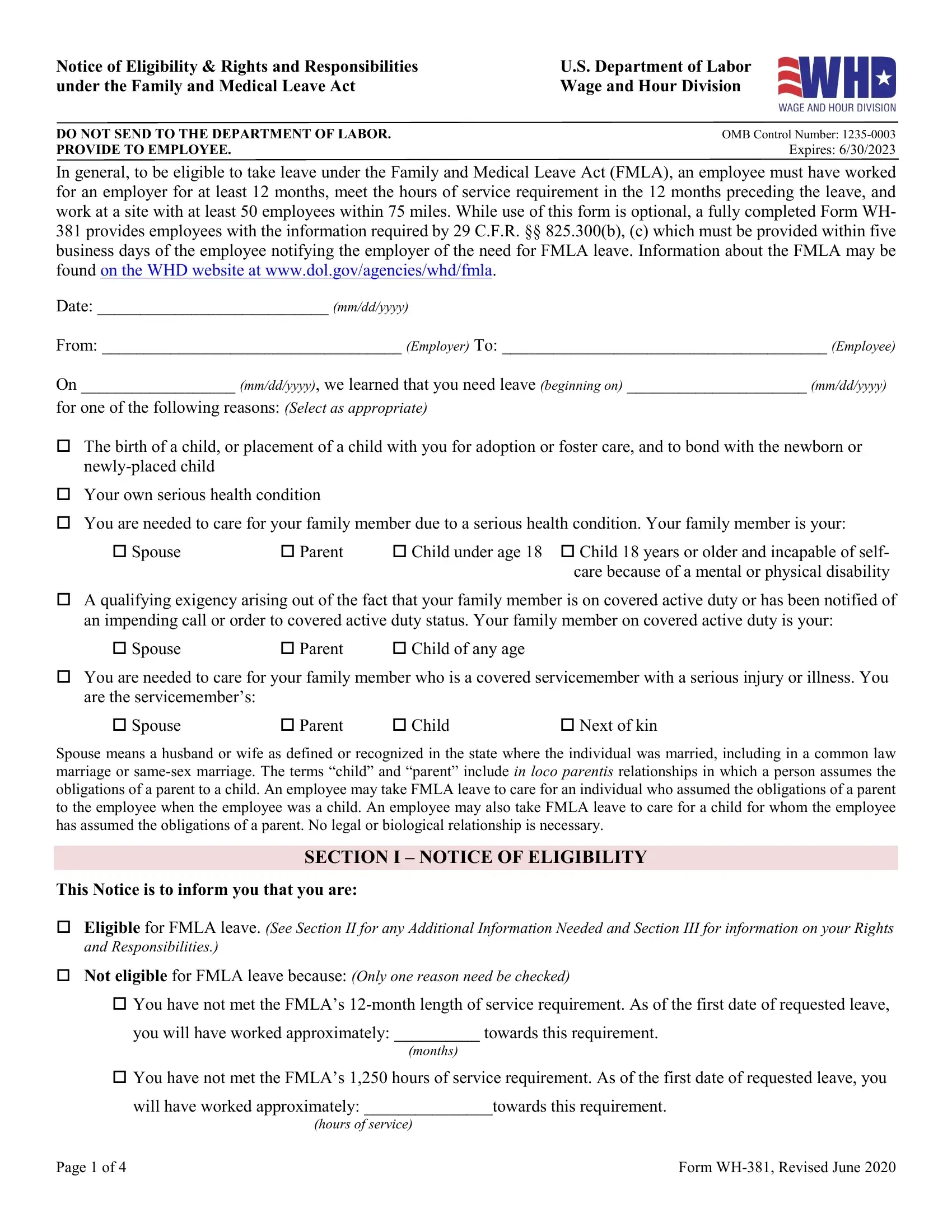 Eligibility Family Leave Form Fill Out Printable PDF Forms Online