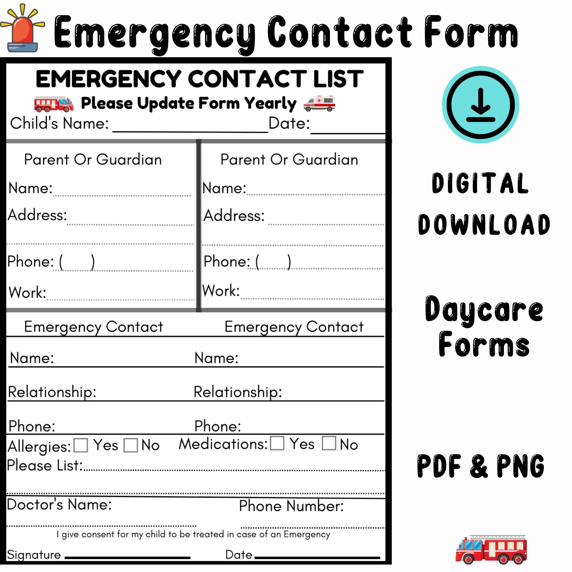 Emergency Contact Form Daycare Forms Preschool Forms Center Forms Etsy