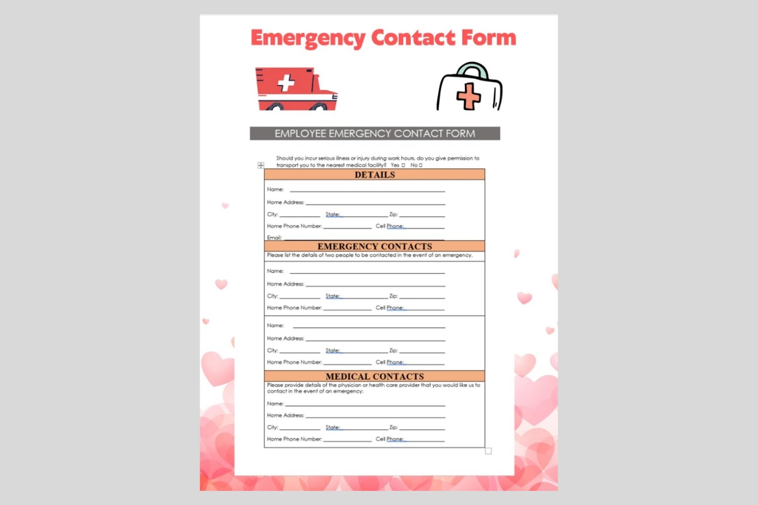 Emergency Contact Form Editable In WORD Emergency Contact Form Editable In WORD