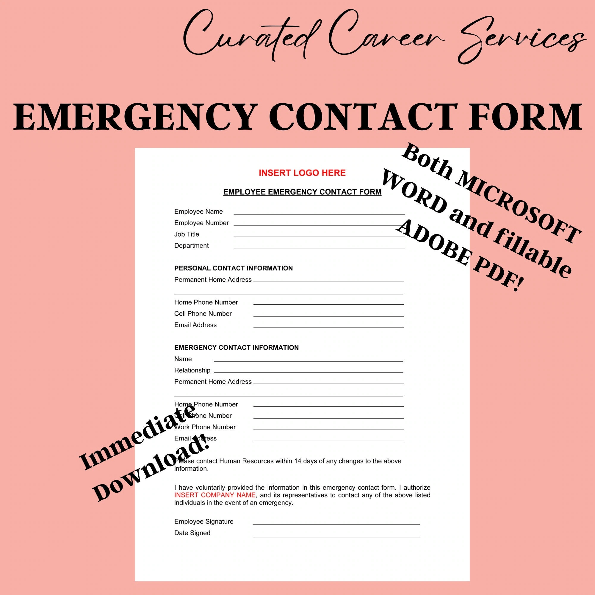 EMERGENCY CONTACT FORM Employee Contact Information Employee Emergency Form New Hire Emergency Contact Employee Onboarding Template Etsy