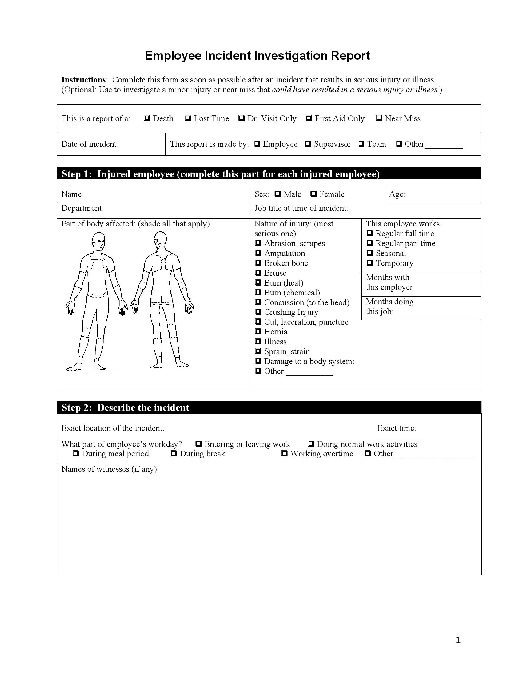 Employee Accident Report Form Printable Employee Accident Report Form Printable