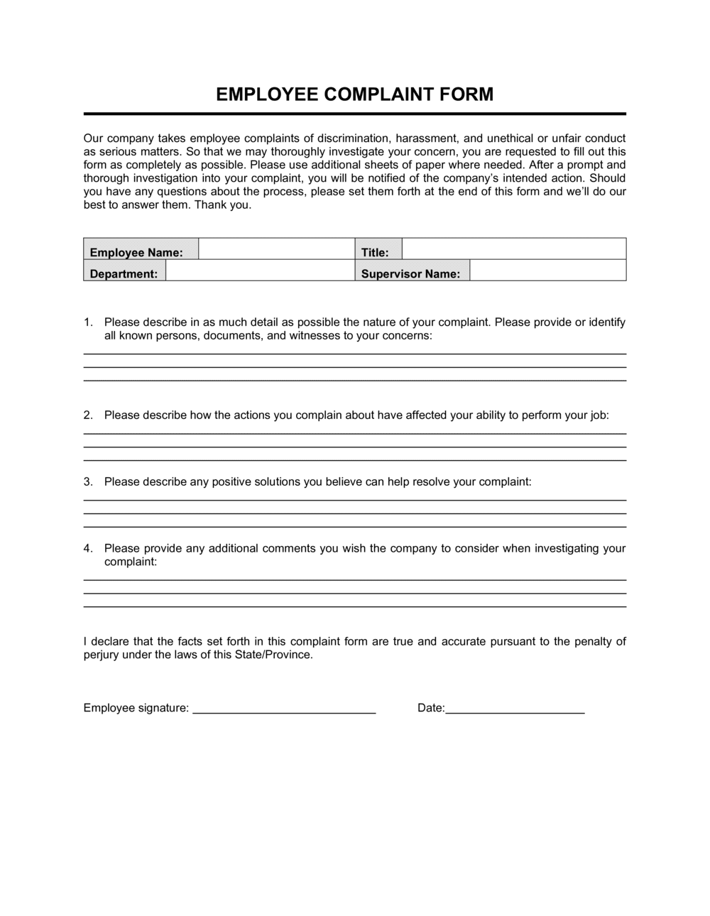 Employee Complaint Form Template Employee Complaint Form Template