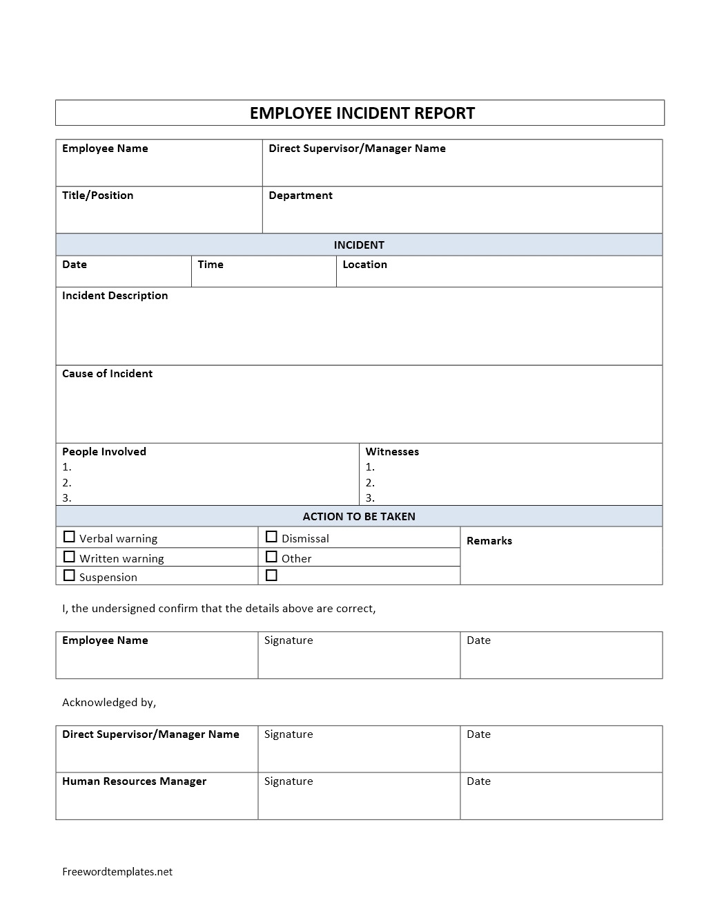 Employee Incident Report Employee Incident Report