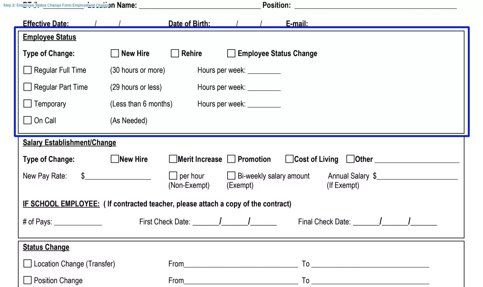 Employee Status Change Form Fillable PDF Template 