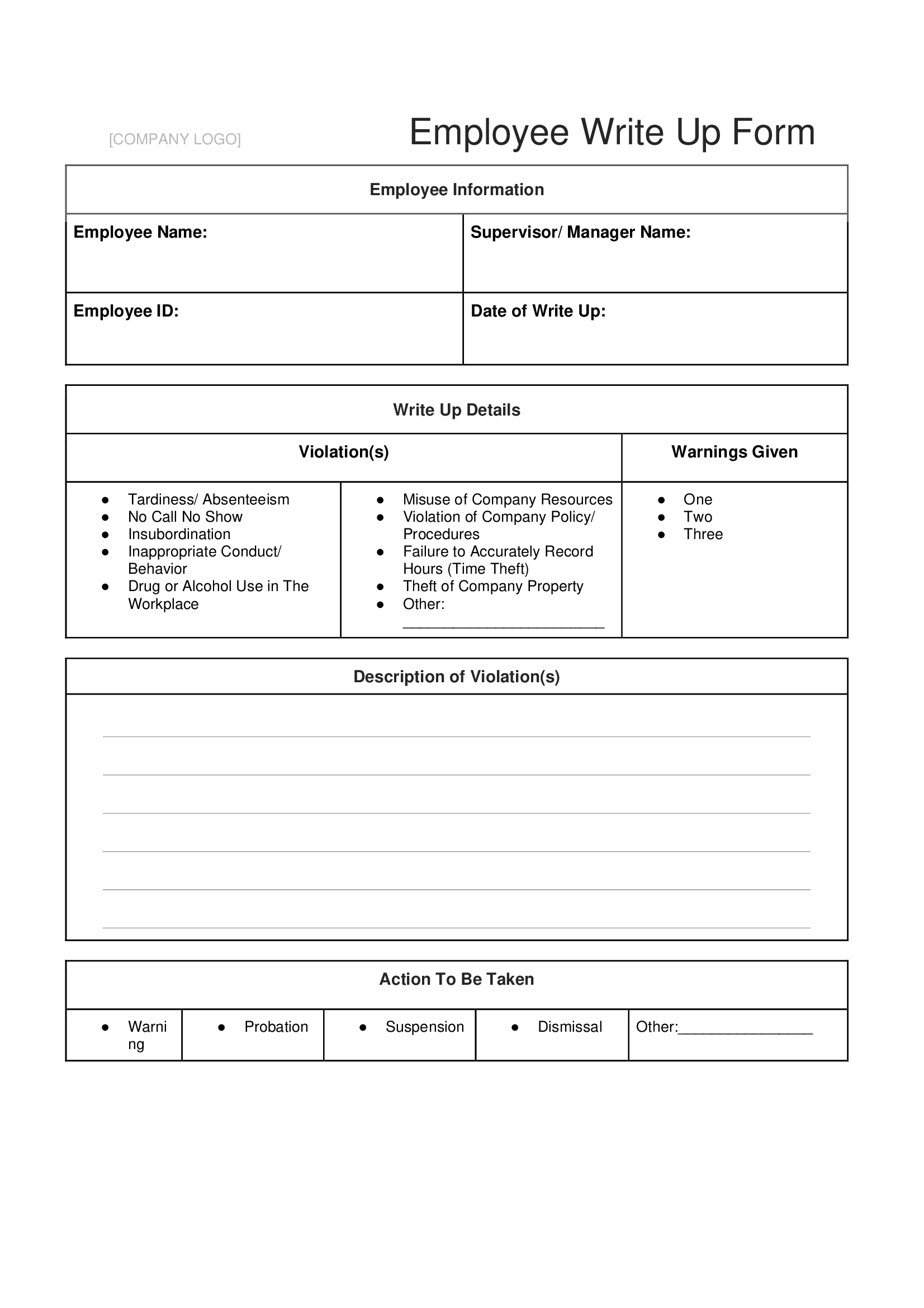 Work Write Up Form Printable