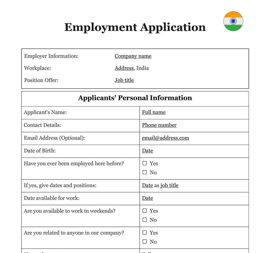 Employment Application Form In India Download Word Template