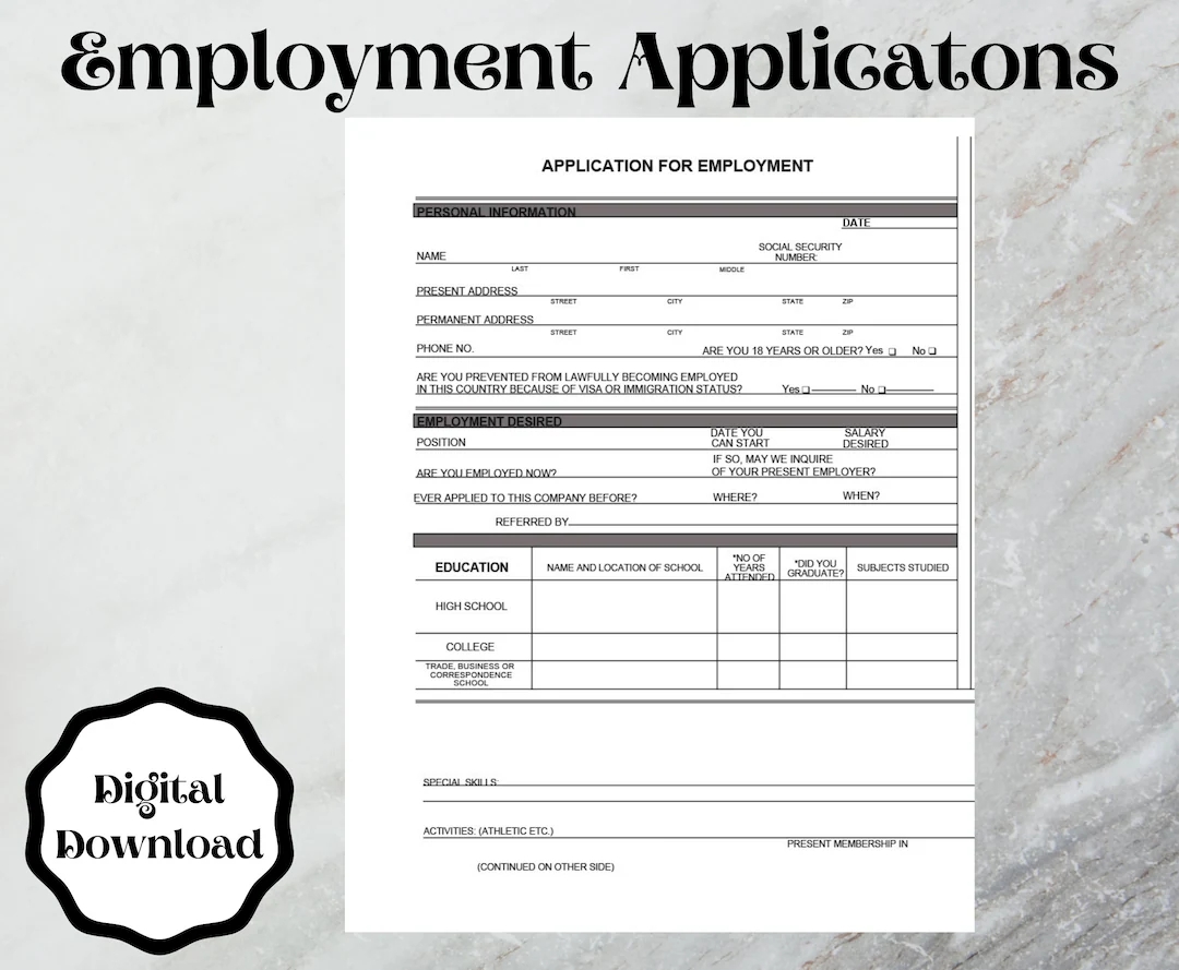 Employment Application Form Template word Printable Editable Etsy UK