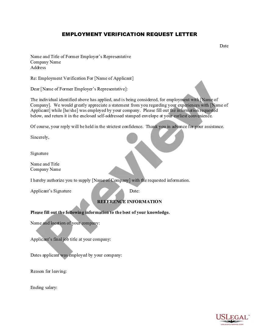 Employment Verification Request Letter US Legal Forms