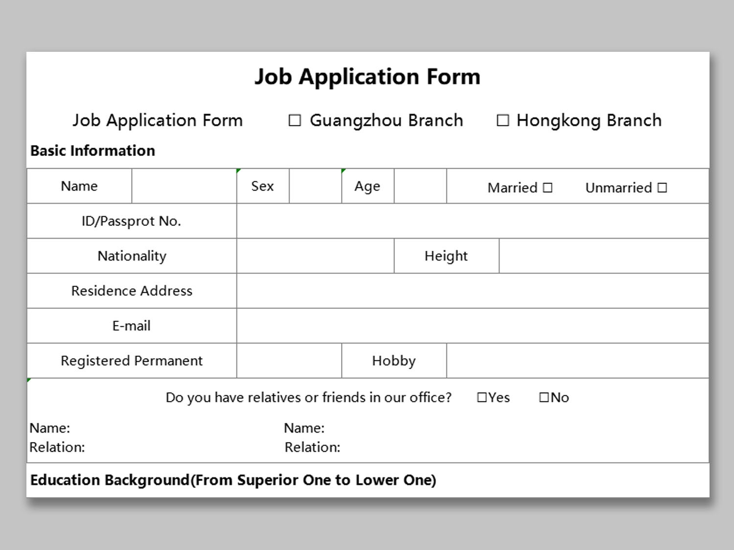 EXCEL Of Job Application Form xlsx WPS Free Templates
