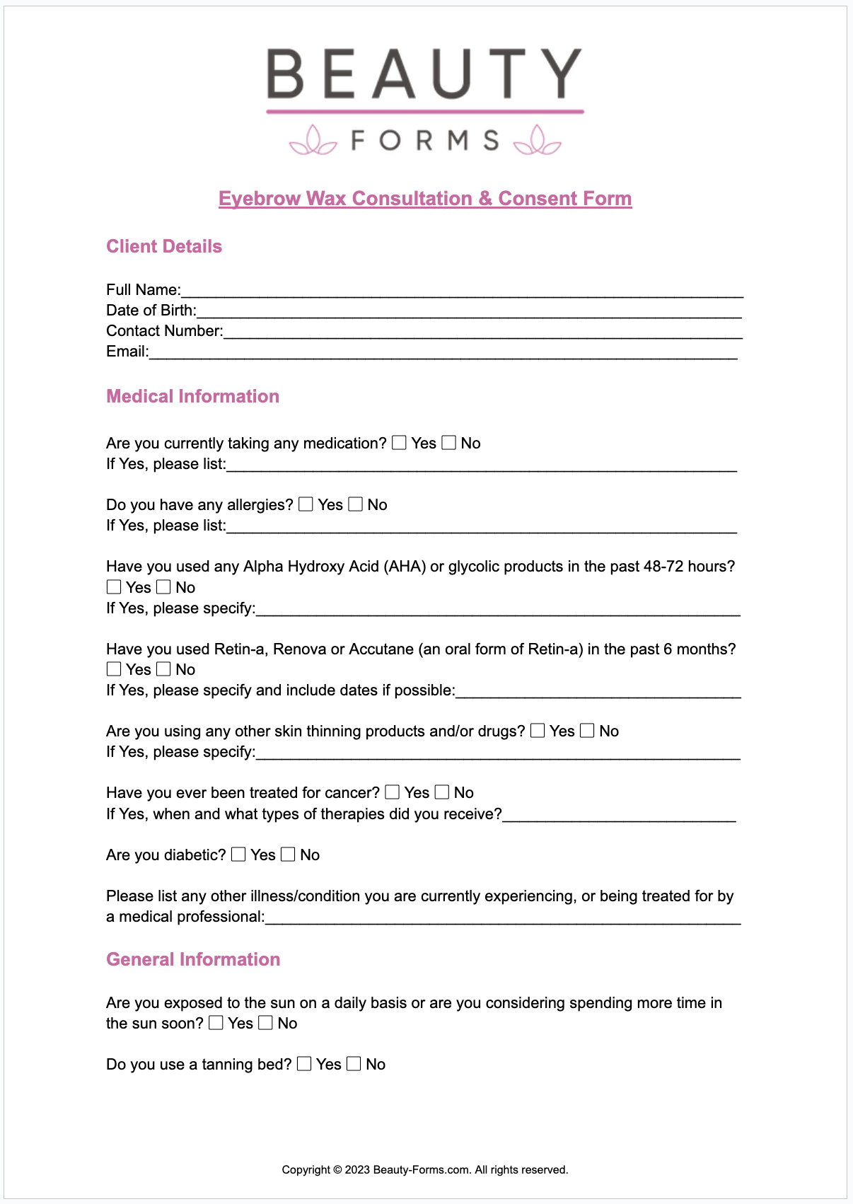 Eyebrow Wax Consent Form Online Form Template PDFs Eyebrow Wax Consent Form Online Form Template PDFs