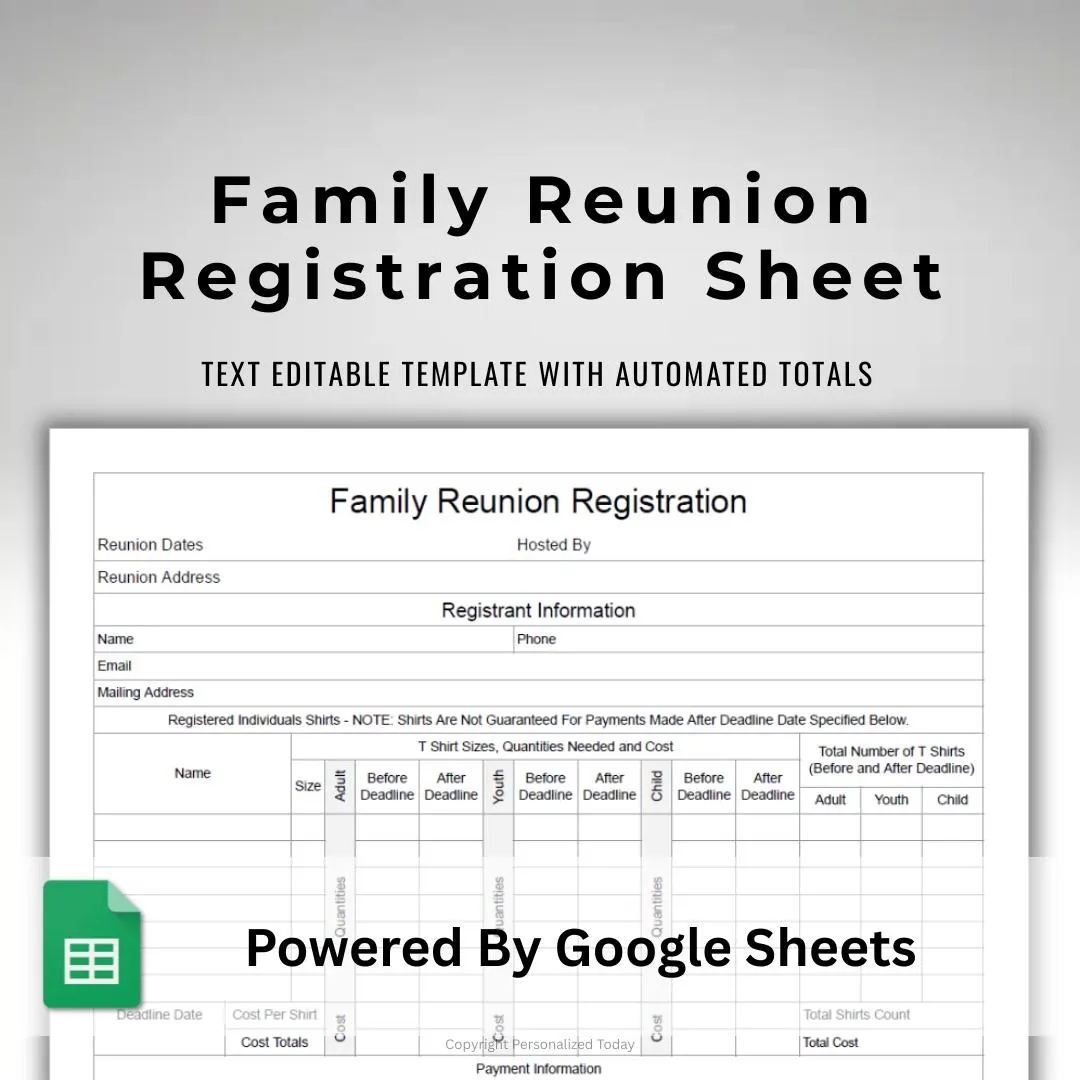 Family Reunion Registration Form Reunion Event Planner Google Sheets Template For Organizing Family Reunion Guest Attendance T Shirts Info Etsy Canada